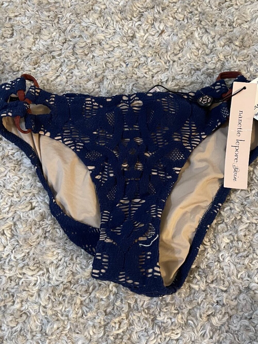 Nanette Lepore Navy Crochet Bikini Bottom Size S Loop Strap Boho NWT